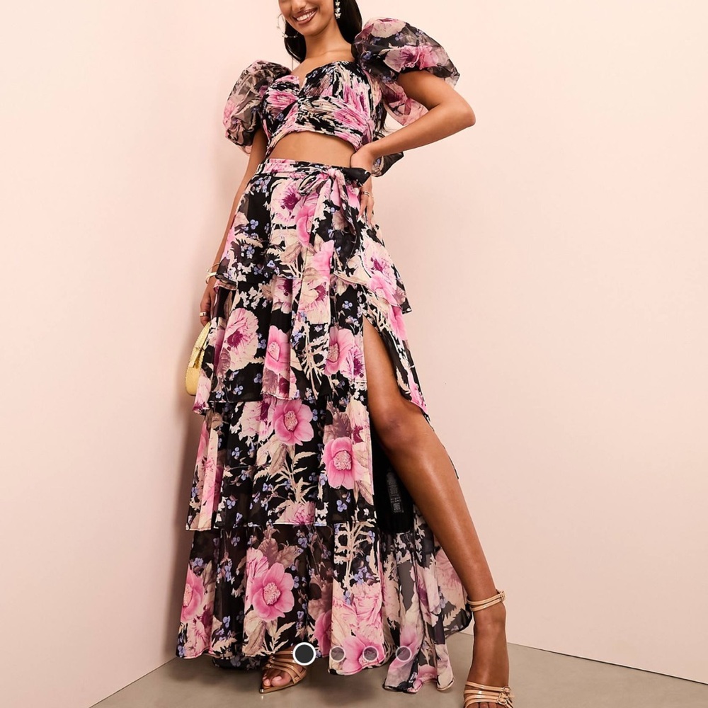 ASOS Luxe Ruched Wrap Tiered Maxi  Skirt in Floral Print